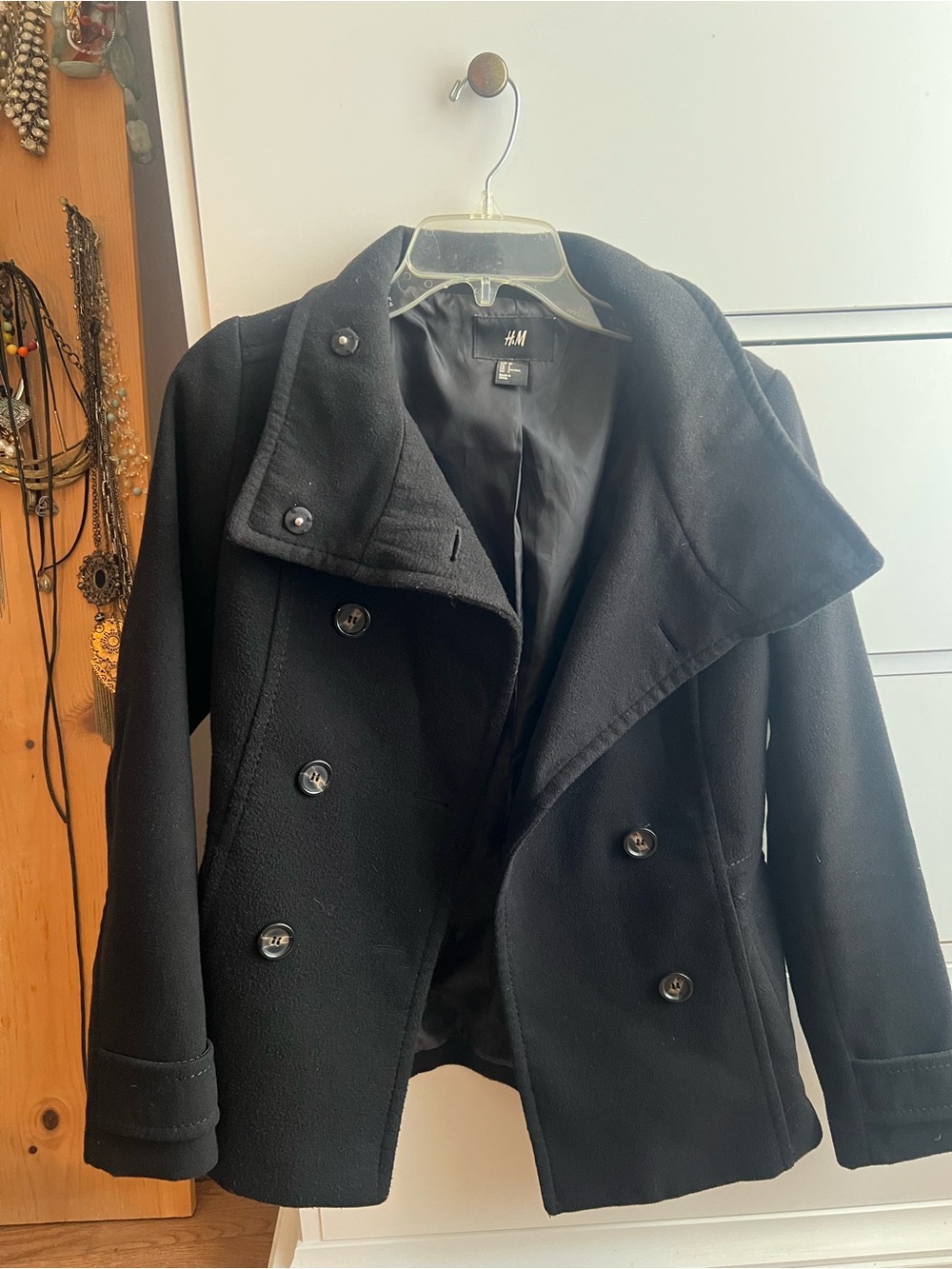 H&M Black Double-Breasted Wool Blend Peacoat
